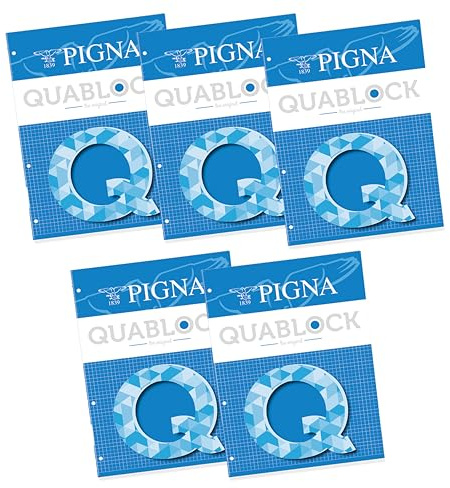 Pigna Blocco Collato QUABLOCK f.to A4, Carta 80 gr., 4 Fori, interno 5M,quadretti 5 mm., Ideali per Scuola e Ufficio, Ricarica per Quaderni ad Anelli, 50 Fogli, 5 pezzi