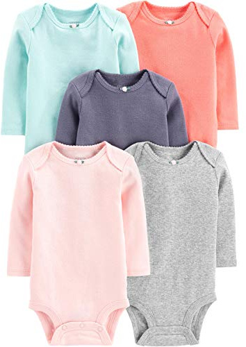 Simple Joys by Carter's Body a Maniche Lunghe Bimba, Pacco da 5, Blu Marino/Grigio/Pesca/Rosa/Verde Menta, Prematuro