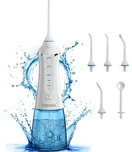TUREWELL FC1591 Idropulsore Dentale 5 Ugelli e 3 Modalità, IPX7 Impermeabile, Ricaricabile USB,300ML Idropulsore Dentale Portatile per La Casa e I Viaggi