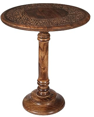 Goroly Home Hand Carved Wooden Pillar Table Pillar, Small End Table Nightstand Bedside Table for Living Room, Magazines, Books & Plants - 18x22 Inch - Antique Burnt