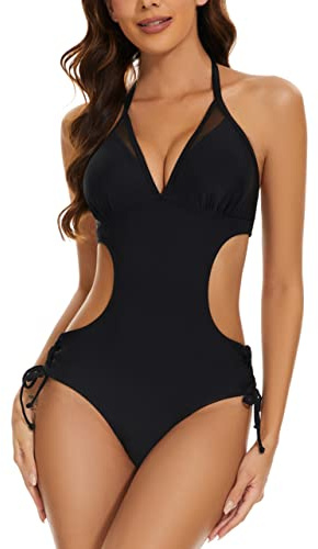 LXheysea Women's Halter Sexy Cutout One Piece Swimsuit Lace Up Mesh Monokini Bathing Suit (XS, Black)