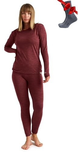 Merino.tech Merino-ull baslager kvinnor set – tungvikt, lite, medelvikt merinoull termiska underkläder för kvinnor, topp, botten, 165 Bourgogne, M