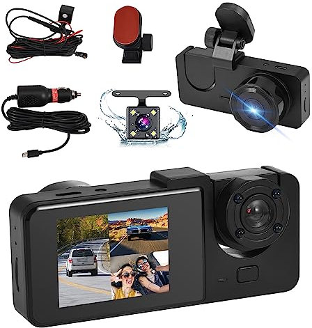 Vusddy 3-Lens Dashcam Auto vorne hinten, FHD 1080P Dash Kamera für Autos, mit 2 Zoll IPS-Bildschirm, 32 GB SD-Karte, 170° Weitwinkel, Parküberwachung, super Nachtsicht, G-Sensor, Loop-Aufnahme