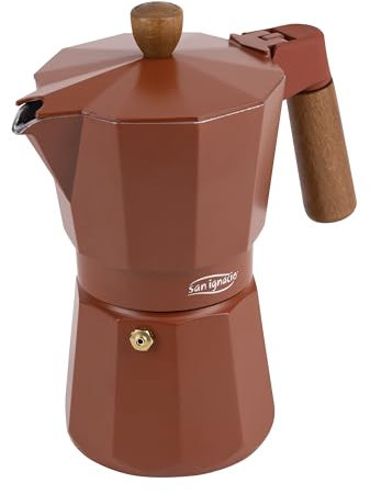 San Ignacio Agros - Cafetera de 6 Tazas - Fabricada en Aluminio Fundido - Cuerpo Completo Exterior Y Tapa Con Pintura Mate - Mango Y Pomo De Madera De Haya Con Anillo De Silicona