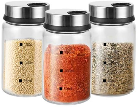 YOUNTHYE 3 pots à épices avec couvercle pivotant, salière de 200ml en verre borosilicaté, saupoudreuse à épices avec 4 types de trous à épices, boîtes à épices pour la cuisine, le bbq, les épices
