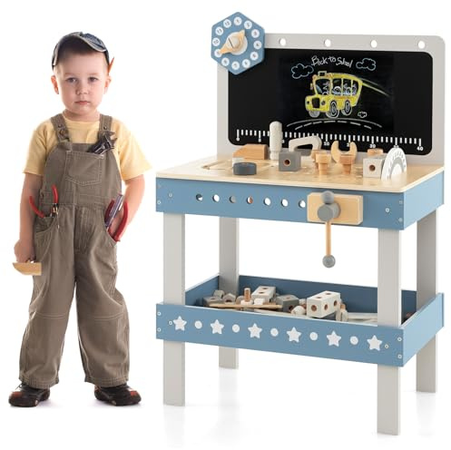 HONEY JOY Kids Tool Bench, Wooden Construction Power Tools Workshop, 62 Realistic Toy Tools and Accessories, Storage Shelf, Toddler Pretend Play Workbench Set, Gift for Kids Boys Girls