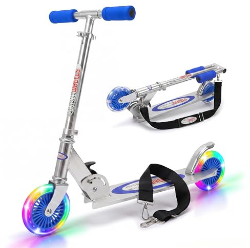 The Magic Toy Shop 2 Wheel Kids Scooter - Blue Foldable Kick Board with Flashing Light Up LED Wheels - Adjustable Handlebar Height, Easy Folding & Rear Brake, Ride On for Boys & Girls Ages 5+