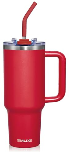 SMLIXE 40 oz Tumbler with Handle and Straw Lid,Insulated Reusable Stainless Steel Water Bottle Travel Mug，Cupholder Friendly Double Wall Vacuum Sealed Cup (Cherry Red)