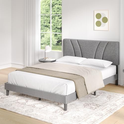 Novilla Somier 135 x 190 cm de Listones de Madera, Estructura de Cama de Laminas de chopo, cabecero tapizado Alto y cómodo de apoyarse, Fácil de Montar, Gris