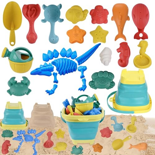 Huanuoda Sandspielzeug für Kinder,Strandspielzeug Set, 25PCS Dinosaurier Strandspielzeug Set mit silikon Sandeimer, Reise Sandspielzeug Sandformen,Sandkasten Spielzeug,Strandspielzeug für Kleinkinder