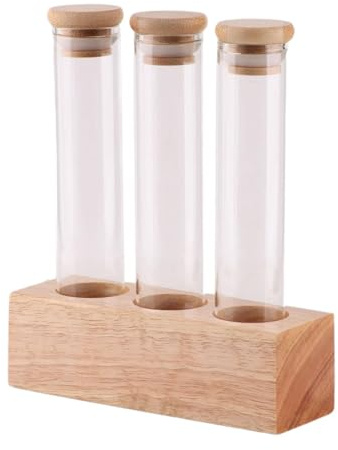 LOVIVER Glass Coffee Beans Storage Containers Glass Test Tubes Wooden Display Stand Coffee Bean Storage Tubes for Cafe Countertop Bar, 3 Hole