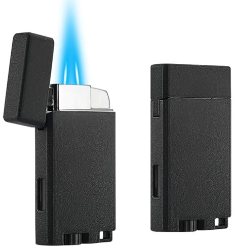 Bbsisgo 2 Pack Double Jet Flame Lighter, Adjustable and Refillable Gas Lighter with Keyhole, Windproof Pocket Butane Torch Lighters, Sold without Fuel. (Black)