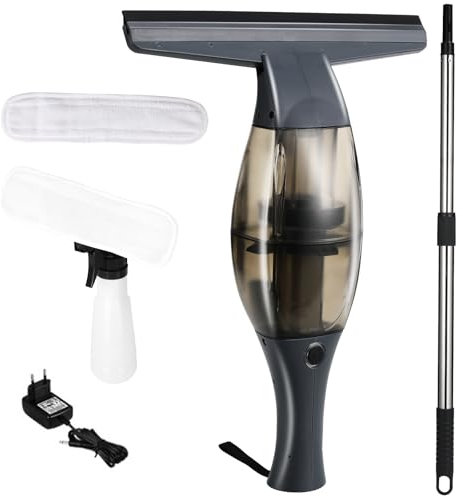 Aspiravetri a batteria,lavavetri elettrico,lavavetri con manico telescopico,40 min,bocchetta aspirazione 28 cm,flacone spray con copertura in microfibr per una pulizia a 360° senza aloni (Nero)