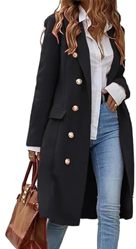 IDEALSANXUN Abrigo largo de lana para mujer, para otoño e invierno, chaqueta de moda, Negro -, Medium
