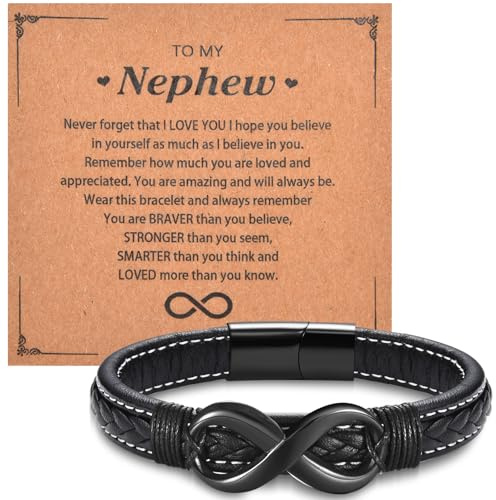 Regalos para hombre/novio/marido/hermano/sobrino/nieto/hijo Bouns Son – Abalorio infinito de acero inoxidable y pulseras de cuero, regalo para niños y hombres, regalo para él, cumpleaños, Navidad