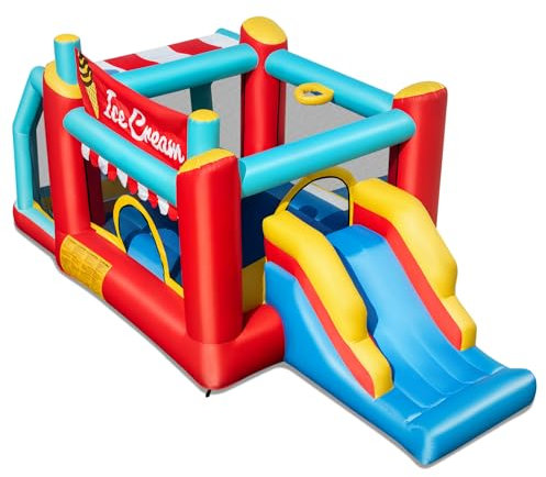 COSTWAY Kids Bouncy Castle, Inflatable Bounce House with Slide, Basketball Hoop, Ring Toss & Ball Pit, Children Blow Up Trampoline Jumper for 3-10 Years Old