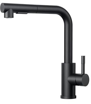 FORIOUS Robinet Cuisine Noir, Mitigeur Cuisine avec Douchette Extractible, 2 Modes de Pulvérisation et Pivotante à 360°, En Forme de L Acier Inoxydable Monolevier Robinet Evier