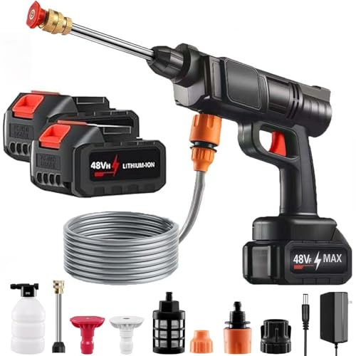 Akku Hochdruckreiniger Mit 2 Batterien 48V, Tragbarer Akku Wasserpistole mit 5M Schlauch,Mobiler Hochdruckreiniger,für Herbstlaub/Moos Reinigung,Auto, Terrasse, Fenster, Rasen, Pool