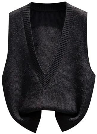Pull à Col en V Profond pour Femme, Pull Fin en Tricot sans Manches, Gilet Ample Simple pour Le Printemps et L'automne, Couleur Unie, Veste Chaud Chandail Débardeur à Porter par-Dessus