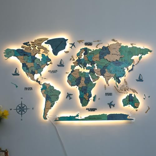 GDBTDL Mappa del mondo in legno con LED 3D, decorazione da parete in acrilico, extra large, decorazione da viaggio moderna, decorazione da parete illuminata per casa e ufficio, soggiorno