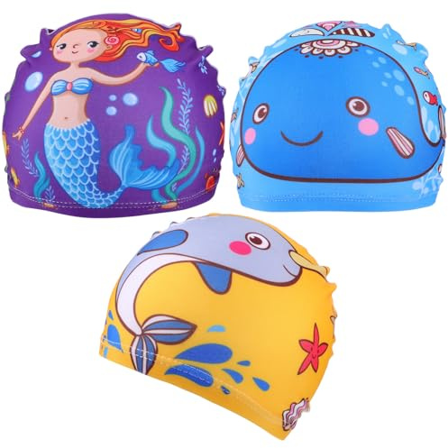 JOINPAYA Gorros De Natación para Niños Estampados 3 Piezas Poliéster Elástico Resistente Colores Vivos Natación Infantil Piscina Uso Diario