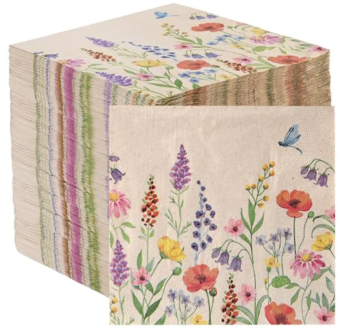 Table Kind 100 x Soft Recycled Paper Napkins 2ply, 33cm Wildflower Meadow Floral Napkins, Disposable Party Serviettes for Mothers' Day Weddings, Tea Parties, Natural Kraft, Unbleached, British Brand