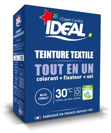 IDEAL - Kit Teinture Tout en Un Mini Bleu Cobalt - 230 g - Colorant + Fixateur + Sel Inclus - Teinture Textile Longue Tenue - Coton, Lin, Soie, Viscose - Efficace dès 30°C - Fabrication Française