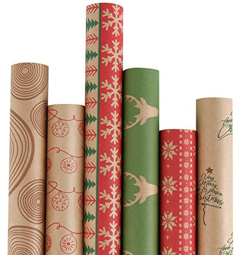 RUSPEPA Christmas Wrapping paper - Brown Kraft Paper with Red and Green Pattern For -Christmas Elements Collection-6 Roll-30Inch X 10Feet Per Roll
