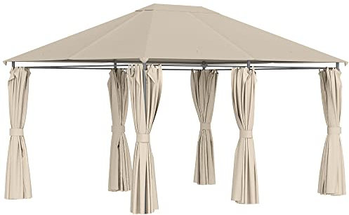 Outsunny Cenador de Jardín 4x3 m Pabellón de Exterior con 6 Paredes Laterales 8 Orificios de Drenaje y Marco de Acero Gazebo para Fiestas Patio Terraza Caqui