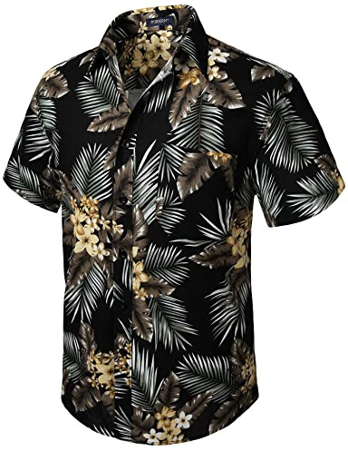 HISDERN Men Funky Hawaiian Floral Leaf Shirts Short Sleeve Front Pocket Holiday Summer Aloha Printed Beach Casual Black Brown Hawaii Flower Shirt S