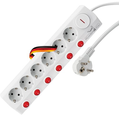 SCHWAIGER -658668- Fleruttag | individuellt omkopplingsbart | 6-vägs | Schuko | max. 3680 W | fleruttag | med huvudbrytare | 6x ON/OFF-brytare | 1,4 m kabel | vit