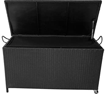 Panana Large Polyrattan Garden Storage Box, Rattan Deck Box with Wheels, 120x57x64cm Zippered Liner Outdoor Patio Wicker Chest Organiser Furniture for Cushions Tools Toys (Black)