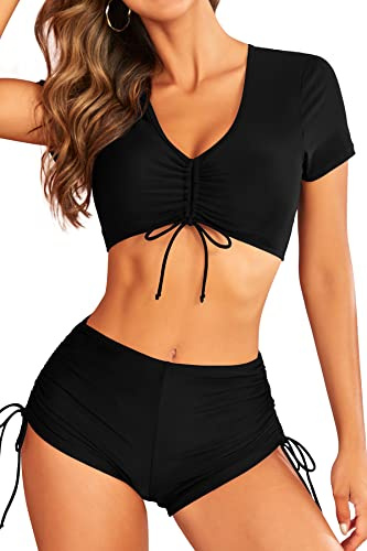 SHEKINI Women's High Waisted Bikini Set V Neck Short Sleeve Padded Drawstring Two Piece Bathing Suit Swimsuit