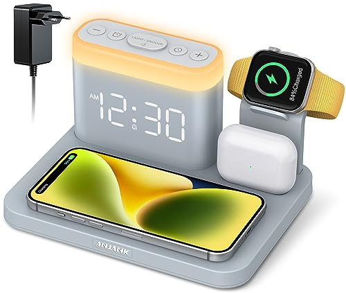5 in 1 Ladestation Apple Watch mit Wecker & 7 Nachtlicht, 0-100% Dimmbares, Ladeindikator,Induktive Kabelloses Ladegerät,Wireless Charger für iPhone 15/14/13/12/Pro/Pro Max,AirPods3/2/1/Pro