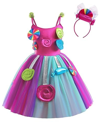 Dressy Daisy Little Girls Candy Costume Fancy Dress Rainbow Skirt for Carnival Halloween Birthday Party with Headband Size 5-6, Purple