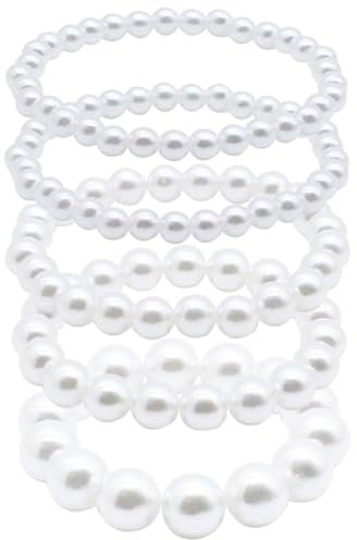 5 elegante Perlenarmbänder, verstellbar, verschiedene Größen, weiße Perlenarmbänder, Hochzeits-Armreifen für Frauen, Brautparty, Hochzeit, Party (4/6/8/10/14 mm), Stein
