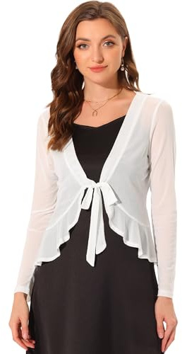 Allegra K Boléro Transparent Femme en Mousseline de Soie Gilet Court en Voile à Volants à Nouer Devant Manches Longues Cardigan Léger Blanc L
