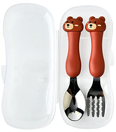 Keuyeo Juego De Cubiertos para Niños De Dibujos Animados, Juego De Tenedor Y Cuchara para Niños, Utensilios con Patrón De Animales De Dibujos Animados, Cubiertos con Caja para Niños