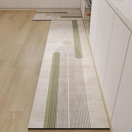 Hixingo Tappeto Cucina in Diatomite, Passatoia Cucina Antiscivolo Lavabile Tappeti da Cucina, Linee Geometriche Tappeto da Cucina Tappeto da Bagno Tappetino per Doccia (50x150cm,Verde Cachi)