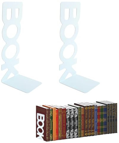 Metal Bookends, 1 Pair White Book Ends, Non Skid Rubber Pad Book End, Desktop Bookshelf, Reading Accessories, Organizer Book Stand for Home, Office, Library