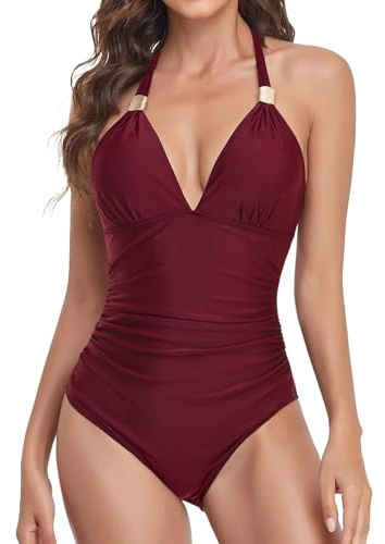 TERODACO One Piece Swimsuit for Women Padded Halter Neck Swimming Costume Women Tummy Control Soft Ladies Swimwear Bathing Suit,Breathable Quick Dry Lightweight CJ0005 Red M
