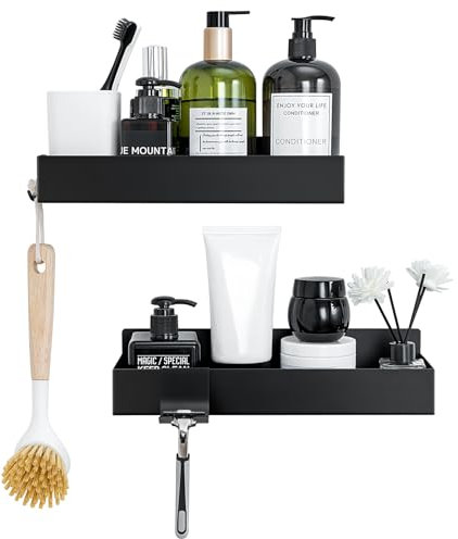 Auralum Mensola Doccia,2 Pezzi Mensola Bagno,Porta Sapone per Doccia,Impermeabile e antiruggine Mensole Bagno Senza Foratura, Accessori Bagno,Nero