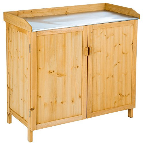 tectake® Pflanztisch Outdoor, Balkontisch mit Unterschrank aus Holz, 98 x 48 x 95 cm, Gartenschrank, Balkonschrank mit verzinkter Arbeitsplatte, Aufbewahrungsschrank für Garten mit 2 Regalböden
