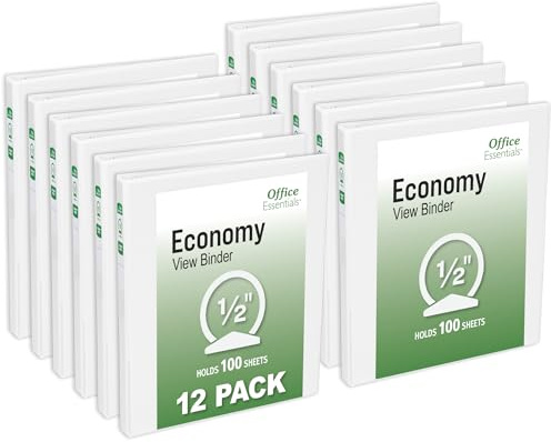 Office Essentials Economy View 3 Ring Binders, 0.5 Round Rings, 0.7 Spine, 100-Sheet Capacity, White Binders (12-Pack of 03422)