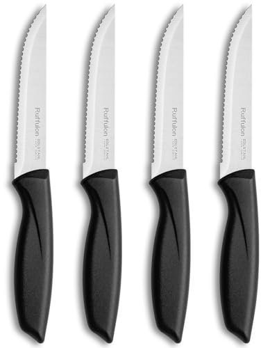 Ruffulon Coltelli da Cucina in Acciaio Inox,Coltelli da Bistecca Affilati,Set di 4,Robusti Coltelli da Tavola,Coltelli da Carne in Argento,Posate Ultra Affilate,Utensili da Cucina Seghettati