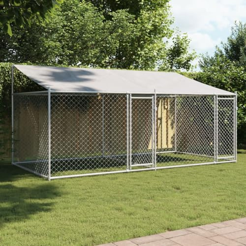 Gecheer Jaula de Perros Techo y Puertas Acero galvanizado Gris 4x2x2 m,Cercado para Perros Perrera Gallinas,Caseta para Perros Mascotas Animales Perro Grande Exterior