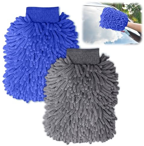 2 Pezzi Guanto Lavaggio Auto in Microfibra – per Pulizia Esterni Auto e Moto, Panno Antigraffio, Accessori Pulizia Autos Professionale, Rimuove lo Sporco Senza Danni alla Carrozzeria,Grigio+Blu