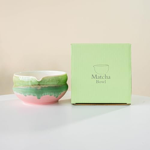 YlobdolY Matcha-Schüssel aus Keramik mit Ausgießer, handgefertigt, Aquarell, glasiertes Porzellan, traditionell, japanische Matcha-Tee-Rührschüssel mit Geschenkbox zum Schlagen von Matcha, Rosa/Grün
