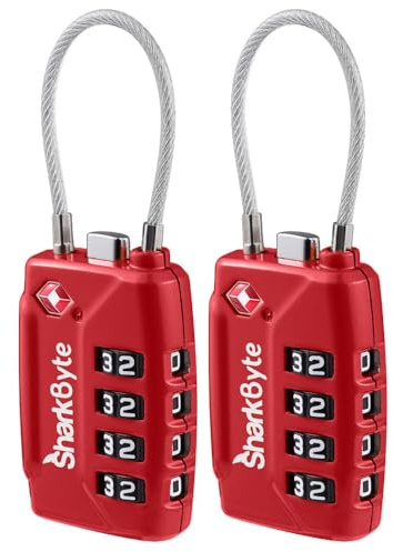 SharkByte TSA-godkända bagagelås | tråd, 4-siffrig kombo (10K kombinationer) | säker resväska, gymväskor och mer (2-pack) röd