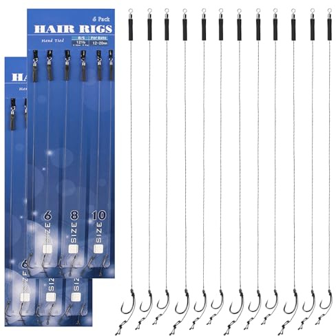 12 Pcs Fishing Hooks Barbless, Carp Hair Rigs Fishing Tackle Curve Shank Fishing Hooks for Carp Fishing, Easy Installation and Increased Catch Rate (Size 6#8#10#）